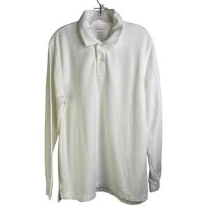 LL Bean Polo Shirt‎ Mens M White Collared Long Slv 2 Button Front Classic Staple